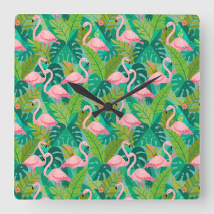 Horloge Carrée Flamants roses tropicaux Feuillage de la jungle