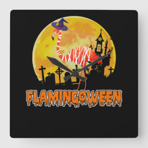 Horloge Carrée Flamingo   Flamingoween Funny Witch Halloween