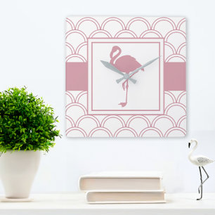Horloge Carrée Flamingo Rose Motif Vague Art Déco