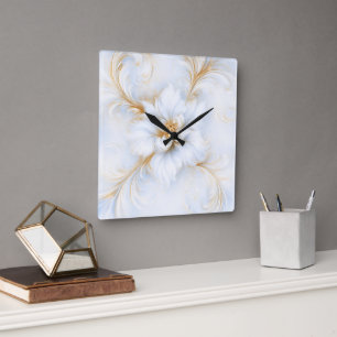 Horloge Carrée Fleur abstraite aquarelle blanche et or