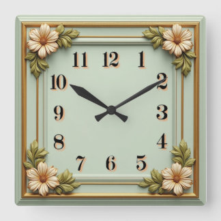 Horloge Carrée Fleur Art Déco Menthe
