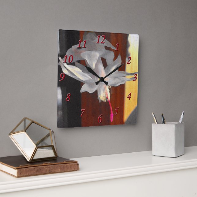 Horloge Carrée Fleur de cactus de Noël blanc chaviré (Bureau)