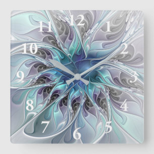 Horloge Carrée Fleur de fractale moderne abstraite avec du bleu