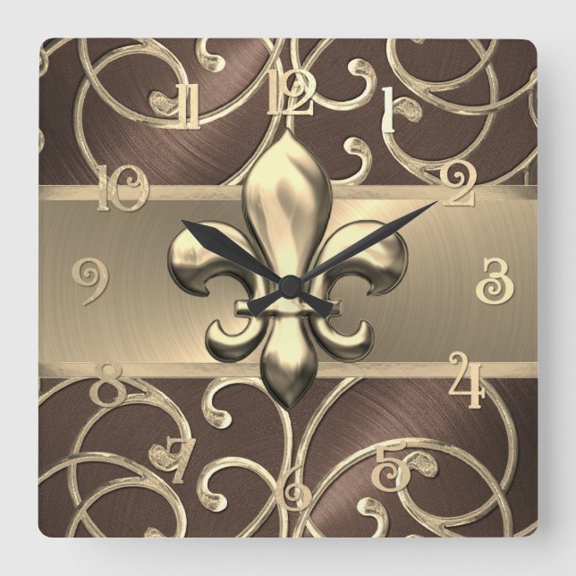Horloge Carrée Fleur de Lis Brown et Gold Filigree (Recto)