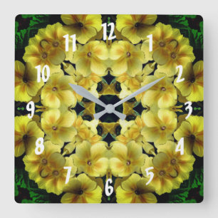 Horloge Carrée Fleur de Primrose jaune Art Abstrait