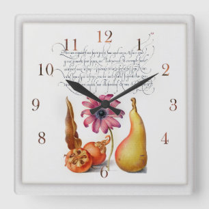 Horloge Carrée Fleur et fruits d'illustration botanique Vintage