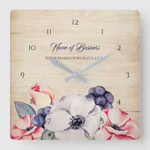 Horloge Carrée Fleur et myrtilles en bois légères rustiques d'
