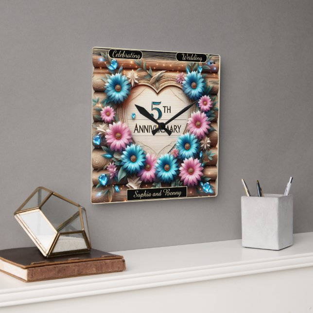 Horloge Carrée Fleur éternelle 5e anniversaire Fête florale (Bureau)