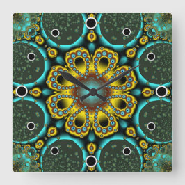 Horloge Carrée Fleur fractale bleue et or