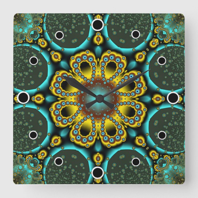 Horloge Carrée Fleur fractale bleue et or (Recto)