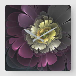 Horloge Carrée Fleur fractale grise et pourpre moderne abstraite