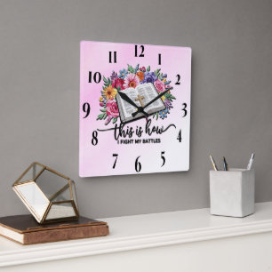 Horloge Carrée Fleur inspirante/Bible/Croix Écriture