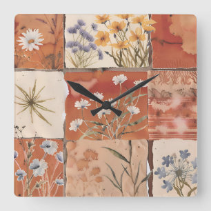 Horloge Carrée Fleur sauvage en terre cuite Patchwork Rustique Bo