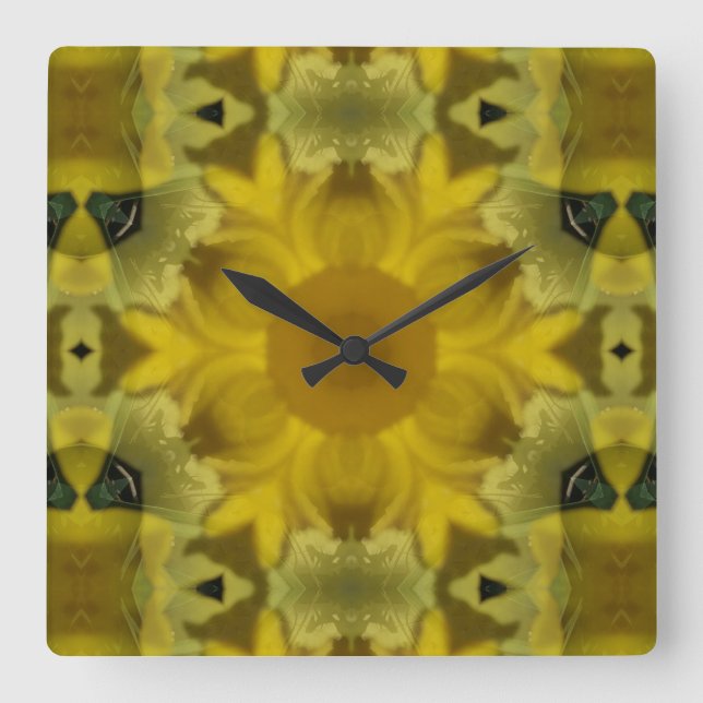 Horloge Carrée Fleur soleil éclate dorée (Recto)