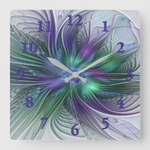 Horloge Carrée Fleur verte abstraite moderne fractale violette