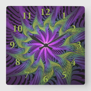 Horloge Carrée Fleur verte violette Art fractal abstrait moderne