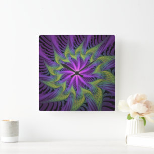 Horloge Carrée Fleur verte violette Art fractal abstrait moderne