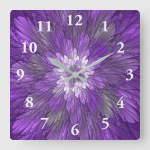 Horloge Carrée Fleur Violette Psychedelique Art Fractal Abstrait