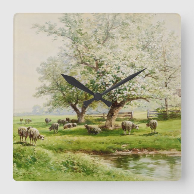 Horloge Carrée Fleuron Art Aquarelle Paysage pastoral (Recto)