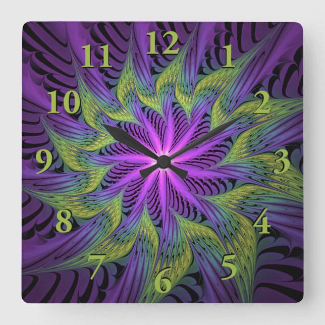 Horloge Carrée Fleuron vert violet Art Abstrait fractal moderne (Recto)