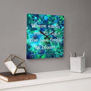 Horloge Carrée Fleurs Abstraites Bleu Turquoise Vert Personnalisé