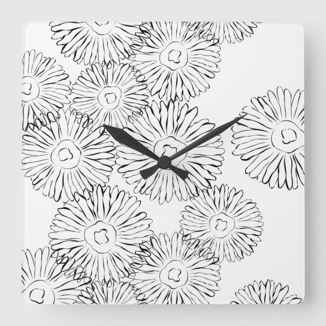 Horloge Carrée Fleurs abstraites de printemps noir et blanc (Recto)
