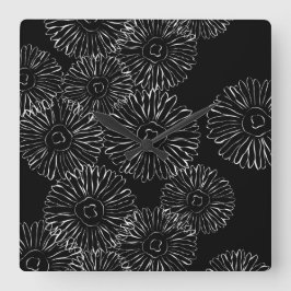 Horloge Carrée Fleurs abstraites de printemps noir et blanc