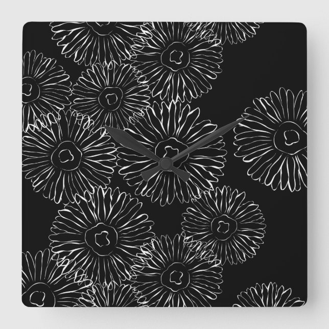 Horloge Carrée Fleurs abstraites de printemps noir et blanc (Recto)