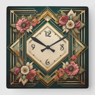 Horloge Carrée Fleurs Art Déco