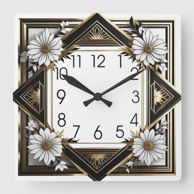 Horloge Carrée Fleurs blanches Art déco (Recto)