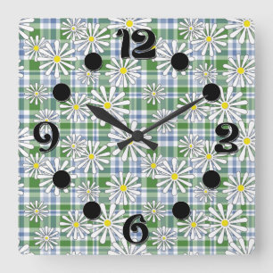 Horloge Carrée Fleurs chamomiles blanches sur à damiers bleu vert