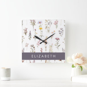 Horloge Carrée Fleurs colorées, Fleurs sauvages, Verdure, Votre N
