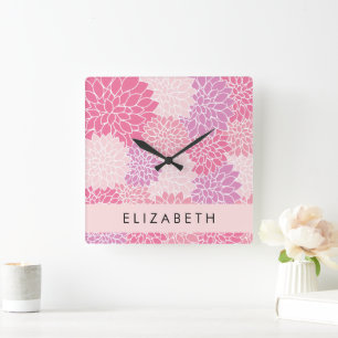 Horloge Carrée Fleurs Dahlia Roses, Motif De Fleurs, Votre Nom