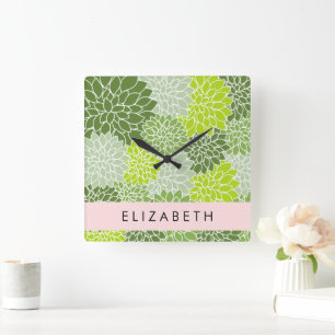 Horloge Carrée Fleurs Dahlia Vertes, Motif Floral, Votre Nom