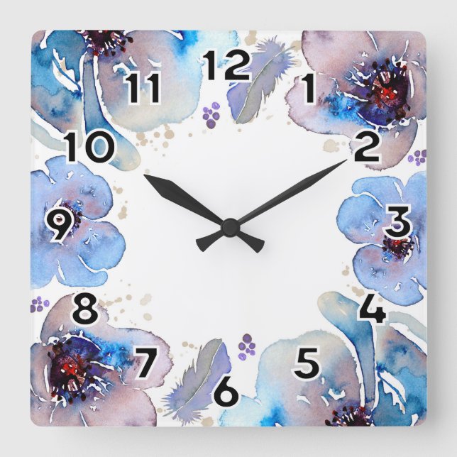 Horloge Carrée Fleurs d'aquarelle bleue (Recto)