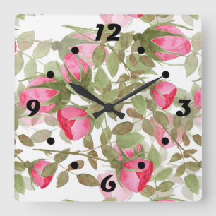Horloge Carrée Fleurs d'aquarelle rose rose roses romes florales