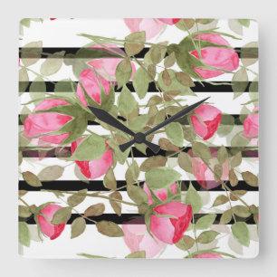 Horloge Carrée Fleurs d'aquarelle rose rose roses romes florales