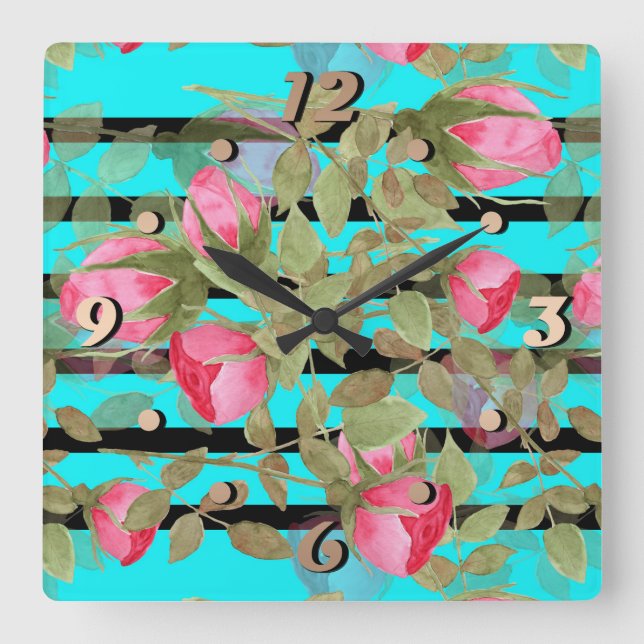 Horloge Carrée Fleurs d'aquarelle rose rose roses romes florales (Recto)