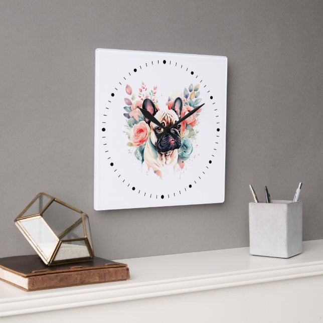 Horloge Carrée Fleurs de Bulldog Français mignonnes (Bureau)