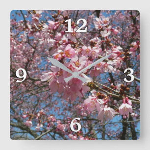 Horloge Carrée Fleurs de cerisier et fleurs de printemps roses d'