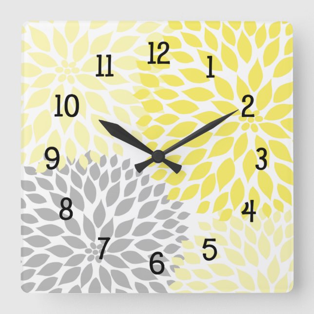 Horloge Carrée Fleurs de dahlia modernes jaunes et gris (Recto)