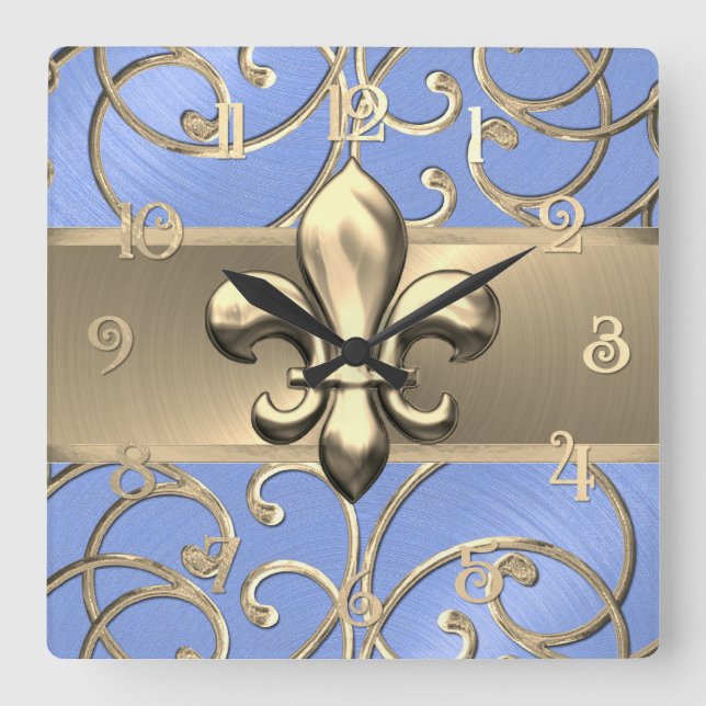 Horloge Carrée Fleurs de Lt Blue et Gold Filigree (Recto)