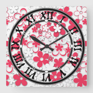 Horloge Carrée Fleurs de papier rouge et blanc