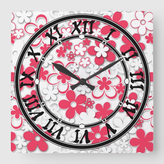 Horloge Carrée Fleurs de papier rouge et blanc (Recto)