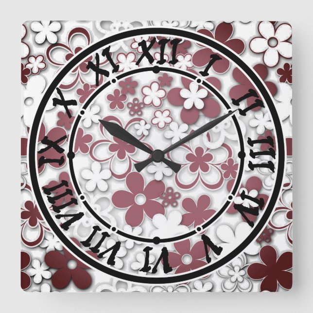 Horloge Carrée Fleurs de papier rouge et blanc (Recto)