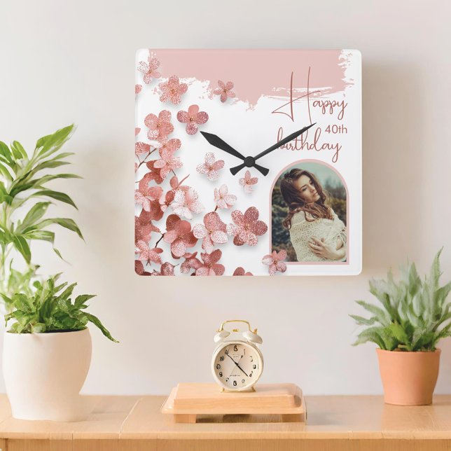 Horloge Carrée Fleurs de Parties scintillant rose Floral 40e anni (Créateur téléchargé)
