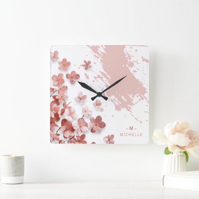 Horloge Carrée Fleurs de Parties scintillant rose Floral Pinceau  (Maison)