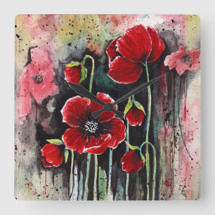 Horloge Carrée Fleurs De Pavot En Aquarelle