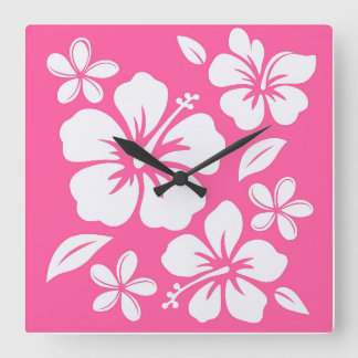 Horloge Carrée Fleurs de plage rose tropicale