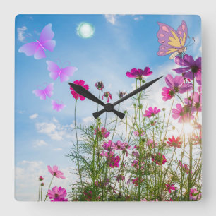Horloge Carrée fleurs de printemps et papillon